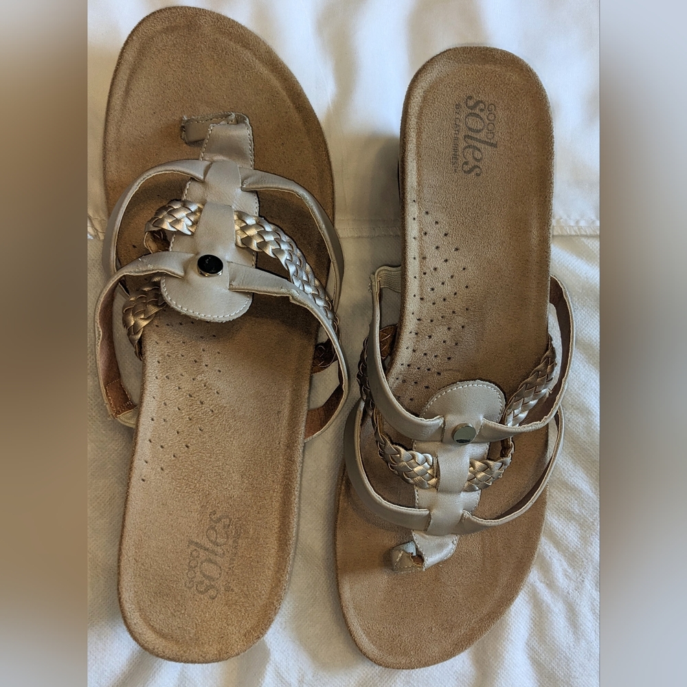 Good Soles By Catherines Taupe Gold Braided Toe-Loop Cork Slide Wedge Sandals